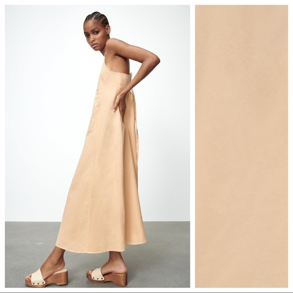 NWT. Zara Beige-Pink/Peach Linen Blend Embroidered Midi Dress. Size M. - Picture 5 of 12